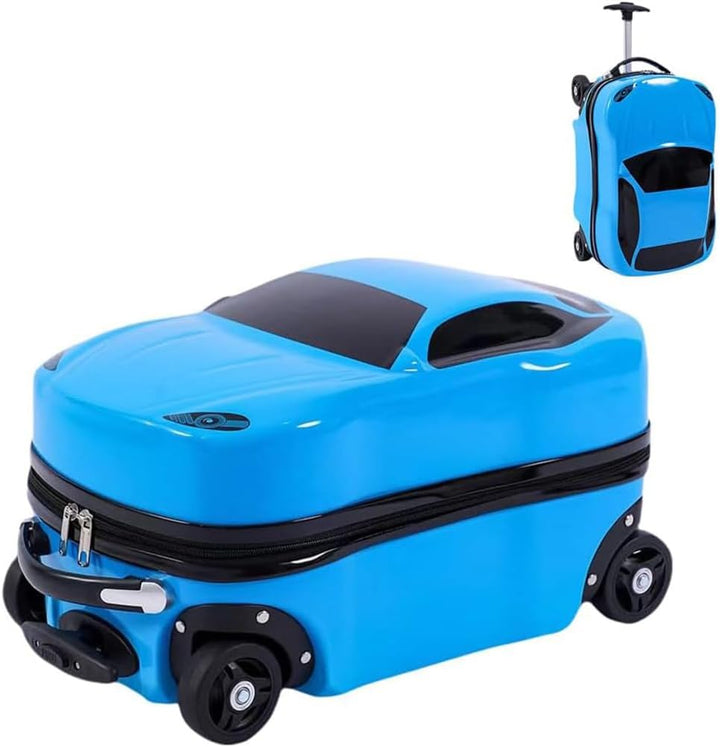 Blue 18-inch kids' car luggage, a fun wheeled pull-along suitcase with a sturdy retractable handle for travel.