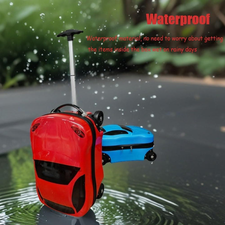 Children's adventure travel bag: 18-inch pull-along car suitcase, red, with smooth wheels and retractable handle.