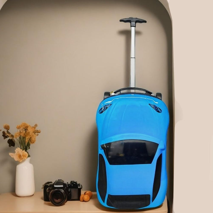 Blue 18-inch kids' car luggage, a wheeled pull-along suitcase with a retractable handle. Ideal for children's travel.
