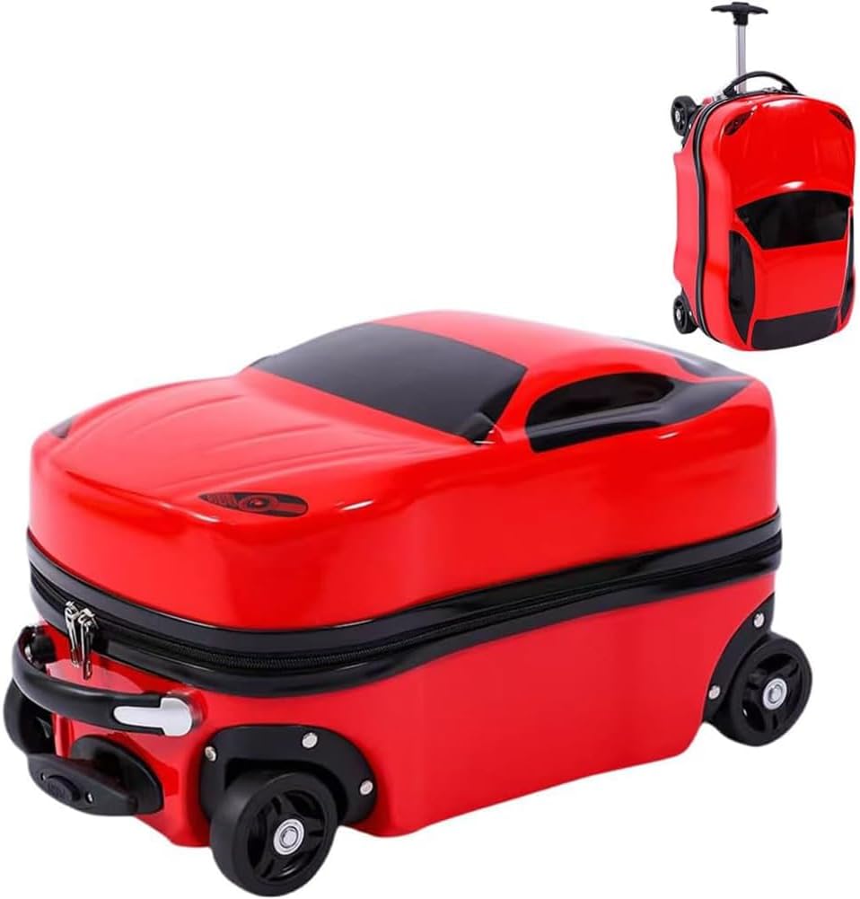 Kids' 18-inch pull-along car suitcase, available in blue or red, with retractable handle. Perfect children's travel luggage.