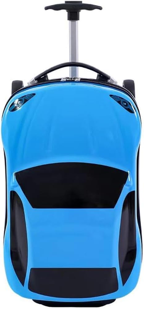Adventure-ready 18-inch pull-along car suitcase, blue, with a retractable handle. Fun wheeled bag for kids' travel.