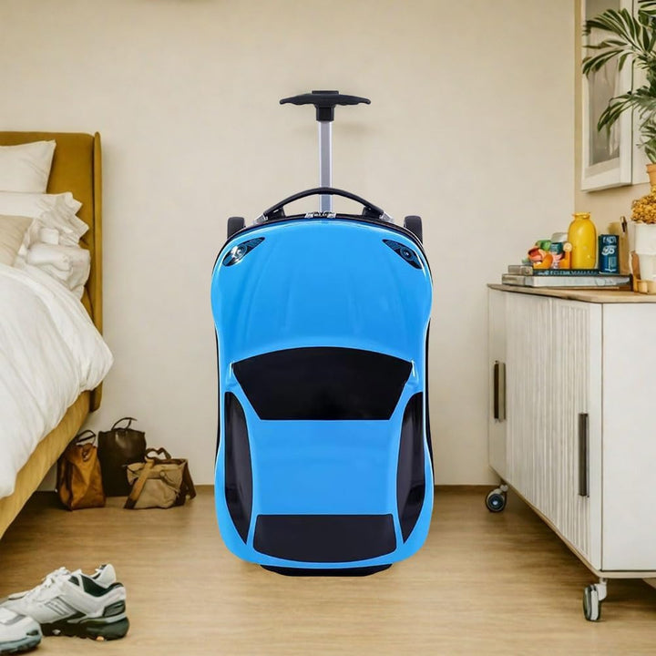 18-inch kids' pull-along car suitcase, red, with smooth wheels and a retractable handle for children's travel.