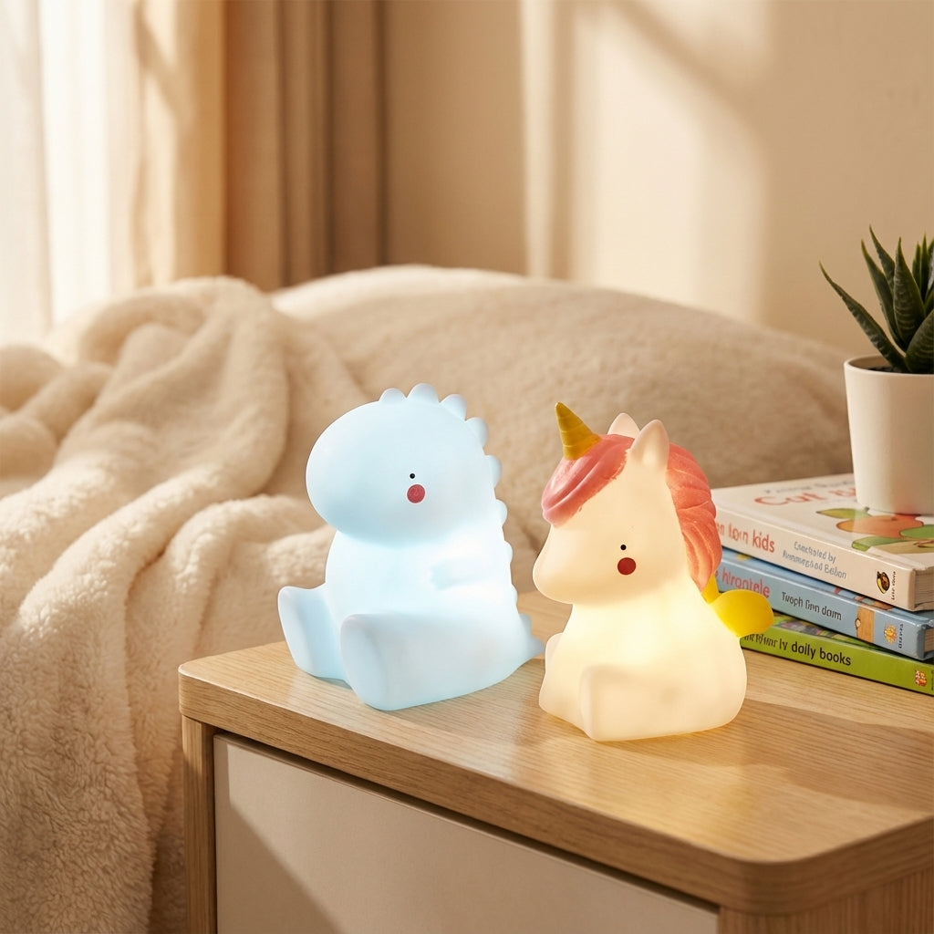 Kids' Dreamasaur LED night light, a cute animal-shaped bedside lamp providing a soothing, gentle glow for children's sleep.