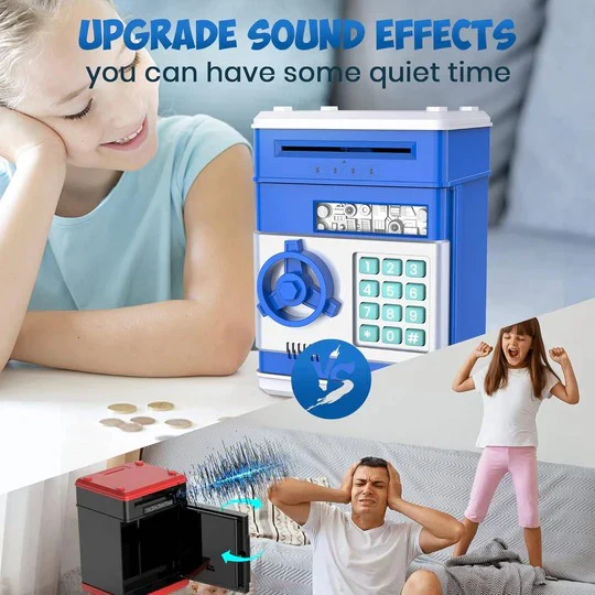 Educational electronic piggy bank toy for children. ATM function and code lock for smart, secure money saving.