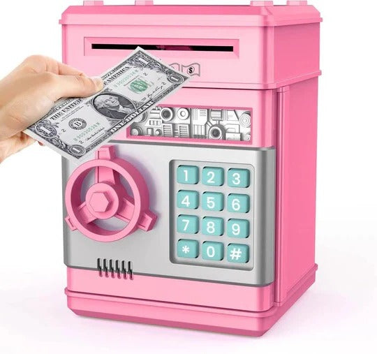 Children's electronic ATM piggy bank with code lock. A fun educational toy for secure money saving.