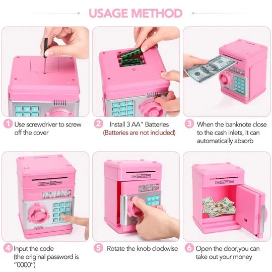 Secure electronic piggy bank for kids. Features a code lock to protect savings, encouraging financial literacy.