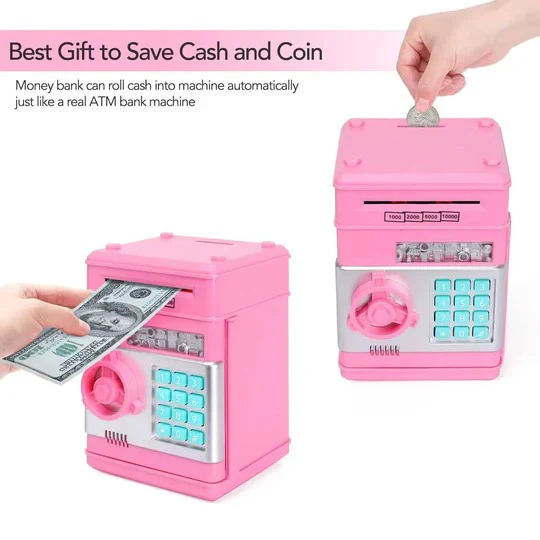 Electronic piggy bank ATM for kids to learn smart saving. Equipped with a secure code lock for their money.