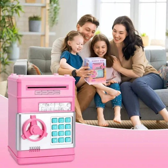 Interactive electronic piggy bank for children. ATM functionality & code lock make saving money fun & secure.