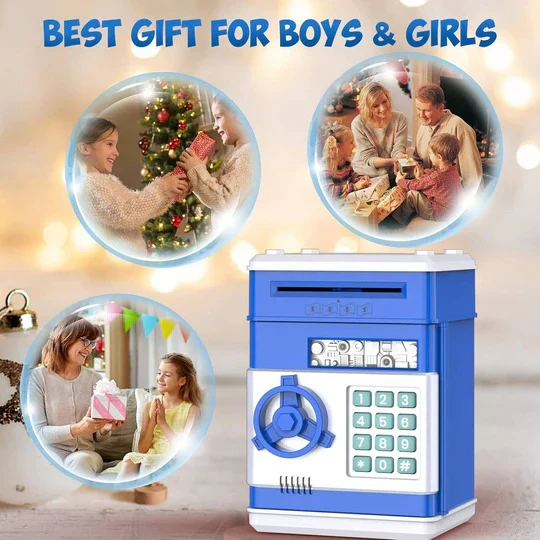 Teach kids financial literacy with this electronic piggy bank ATM. Features a secure code lock for smart saving.