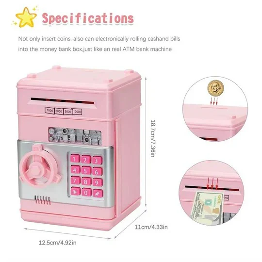 Colorful electronic ATM piggy bank for kids. Code lock ensures secure saving, making learning about money fun.