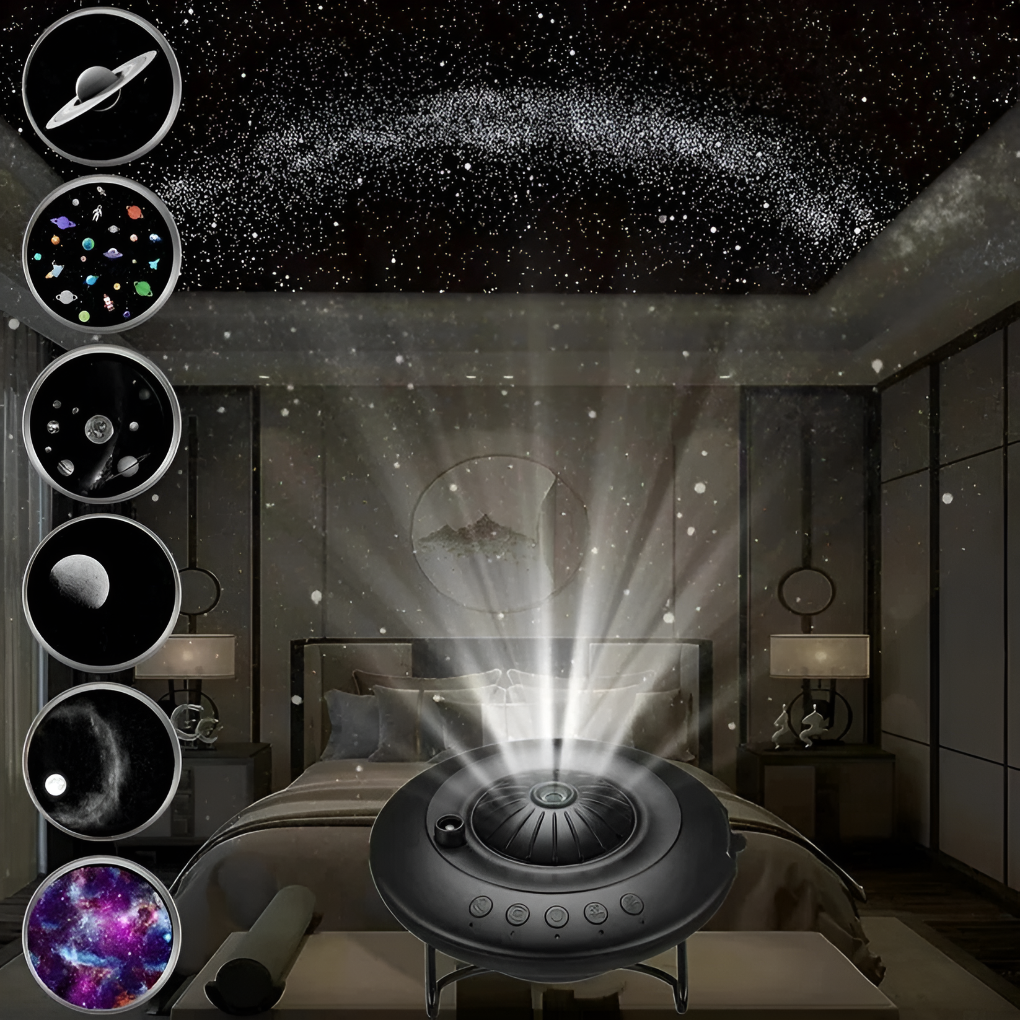 Astronomy kids galaxy projector illuminating a bedroom ceiling with vibrant star and planet images, soothing night light.