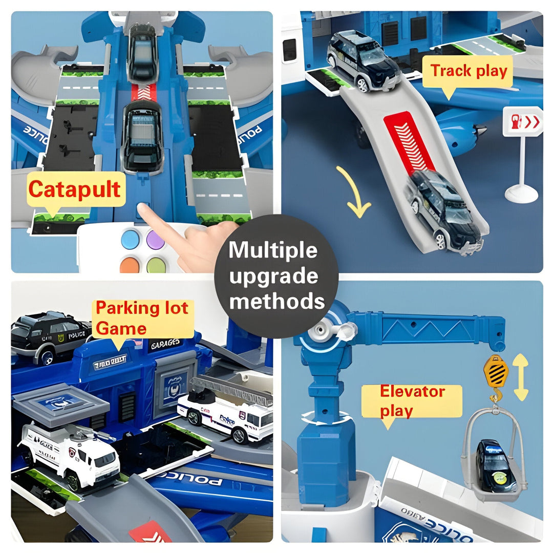 Detailed kids' vehicle set: interactive airplane playset with lights, sounds, and mini rescue vehicles for imaginative play.