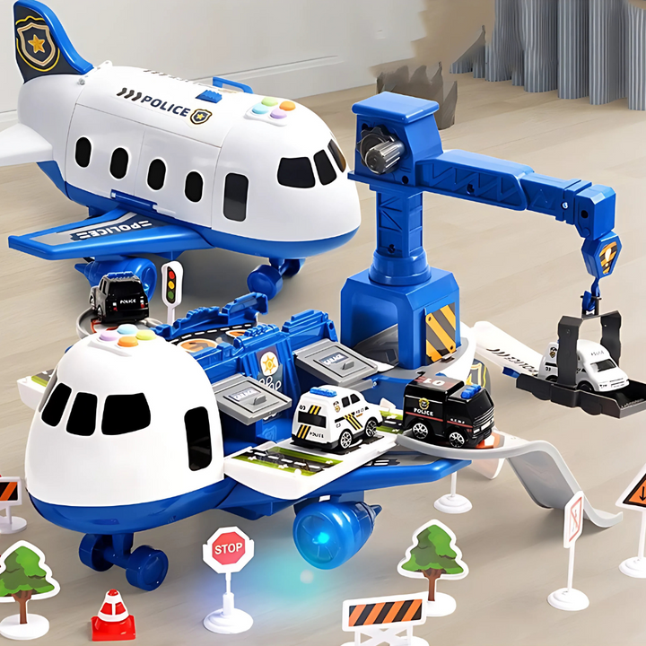 Kids' transforming toy airplane playset with storage and music. Durable, colorful design for imaginative play.