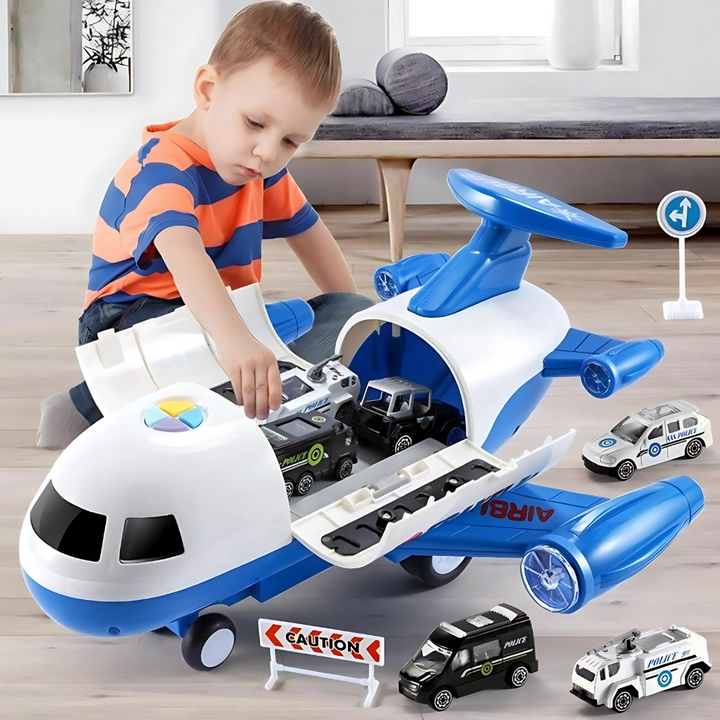 Bright red transforming toy airplane for kids. Features storage compartments, engaging music, and vehicle play.