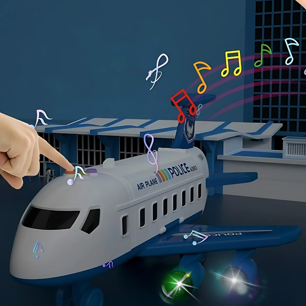 Multi-functional toy plane that transforms, stores small toys, and plays music. Great for young children's gifts.