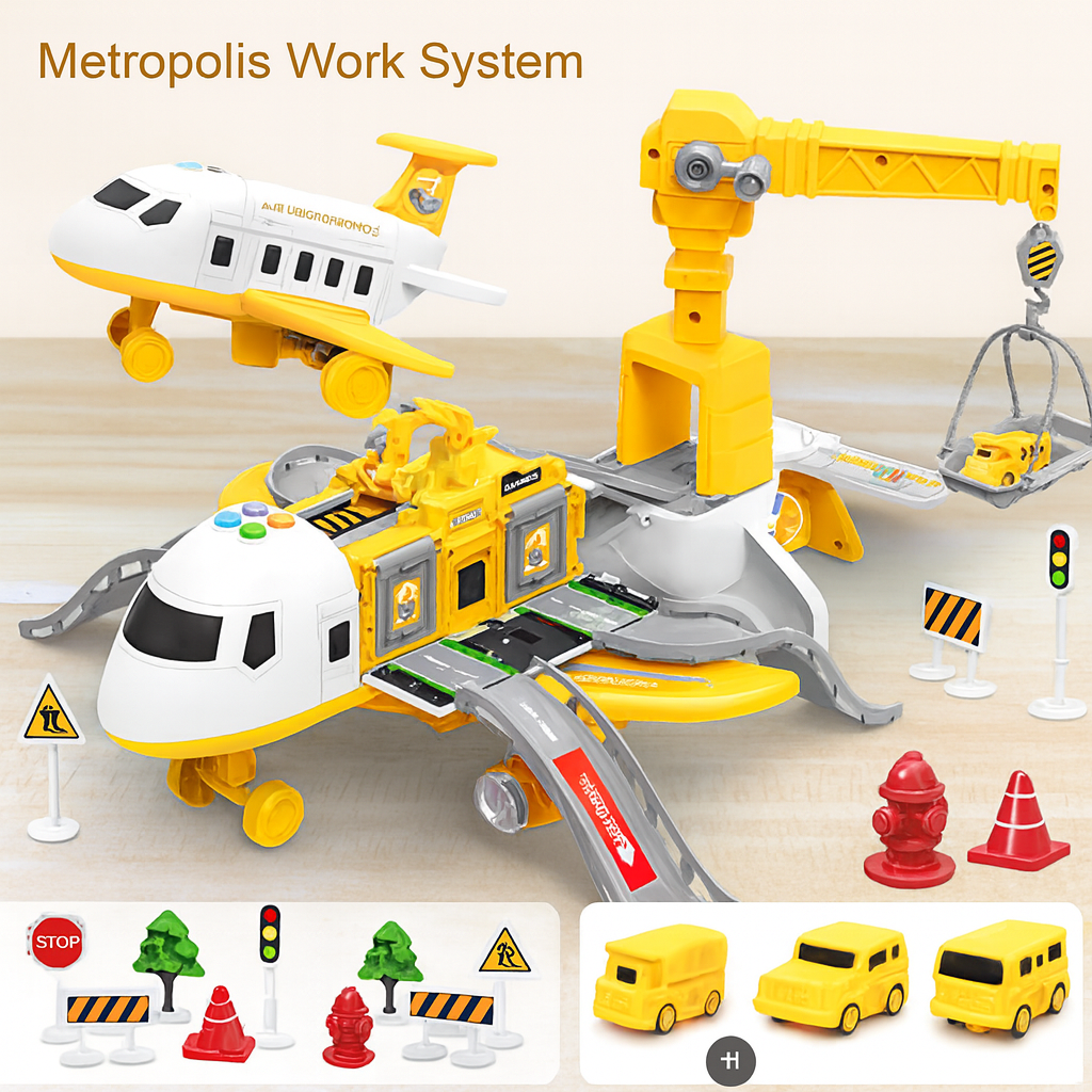 Durable transforming airplane toy with convenient storage and sound effects, perfect for stimulating kids' play.