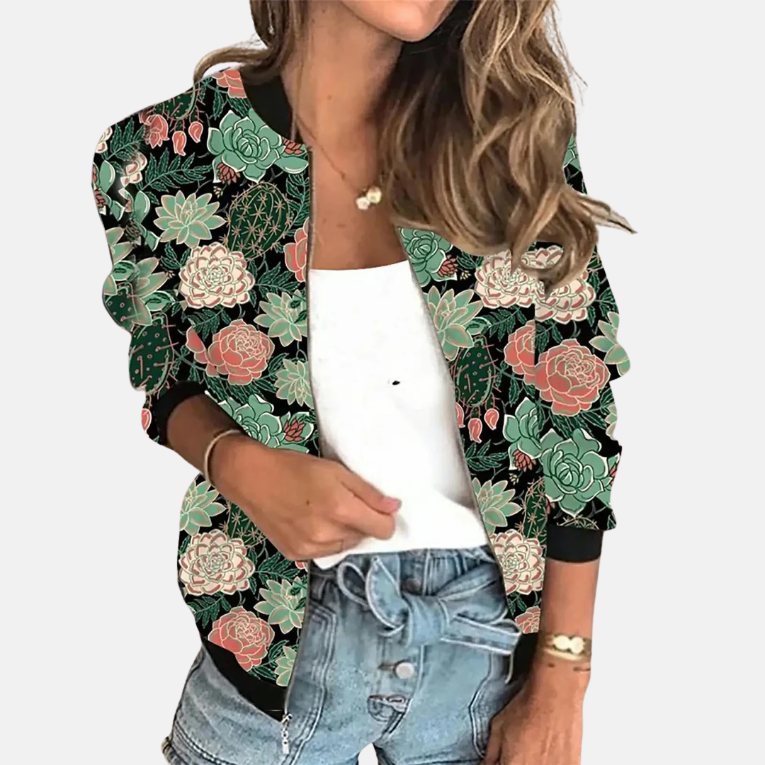 Unique Zoë women's printed retro bomber jacket, versatile fashion outerwear with vintage flair for daily wear.