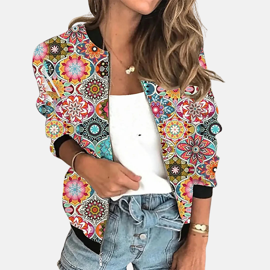 Zoë women's printed retro bomber jacket, a chic vintage-inspired fashion statement piece for modern style.