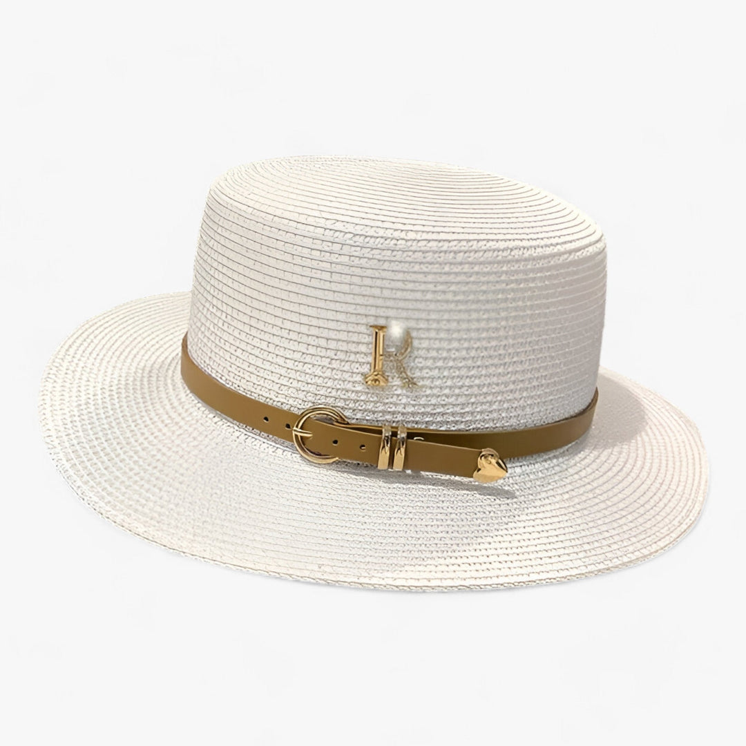 Stylish Aurelle flat crown women's travel hat. Ideal summer fashion accessory for sun protection & elegant vacations.