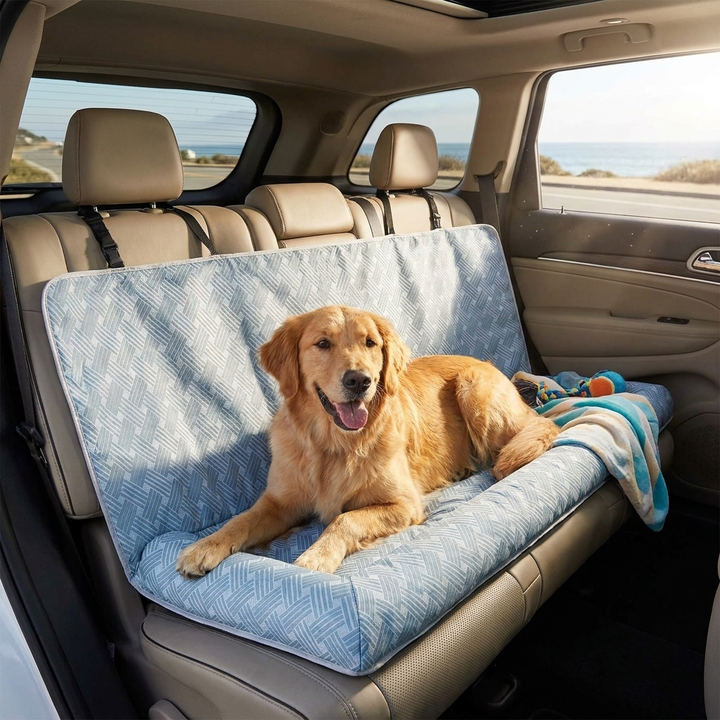 Large dog car seat with cooling bolster provides travel safety & comfort for your pet on road trips.
