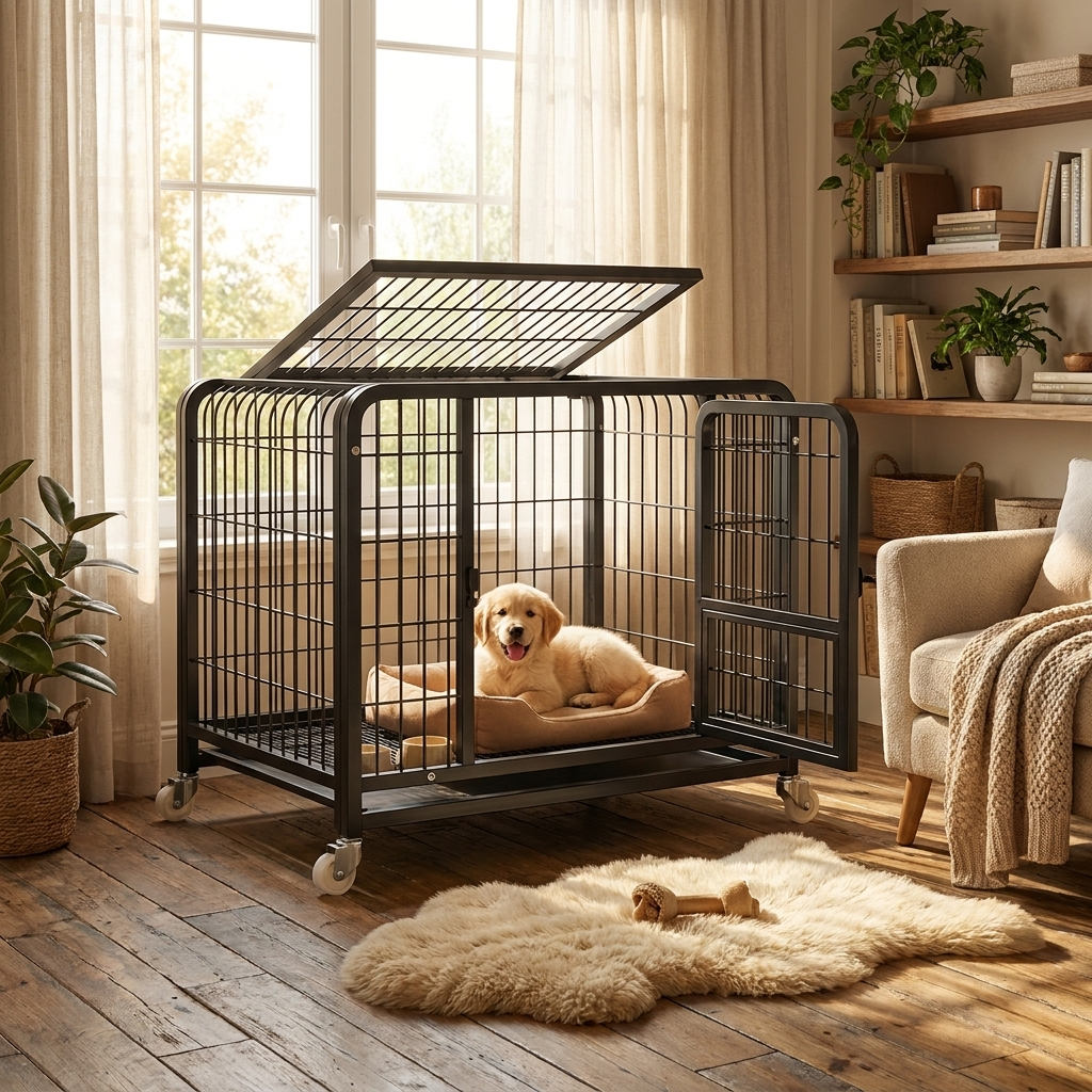 Large heavy-duty steel dog crate, spacious & secure pet enclosure for big dogs. Escape-proof indoor/outdoor kennel.