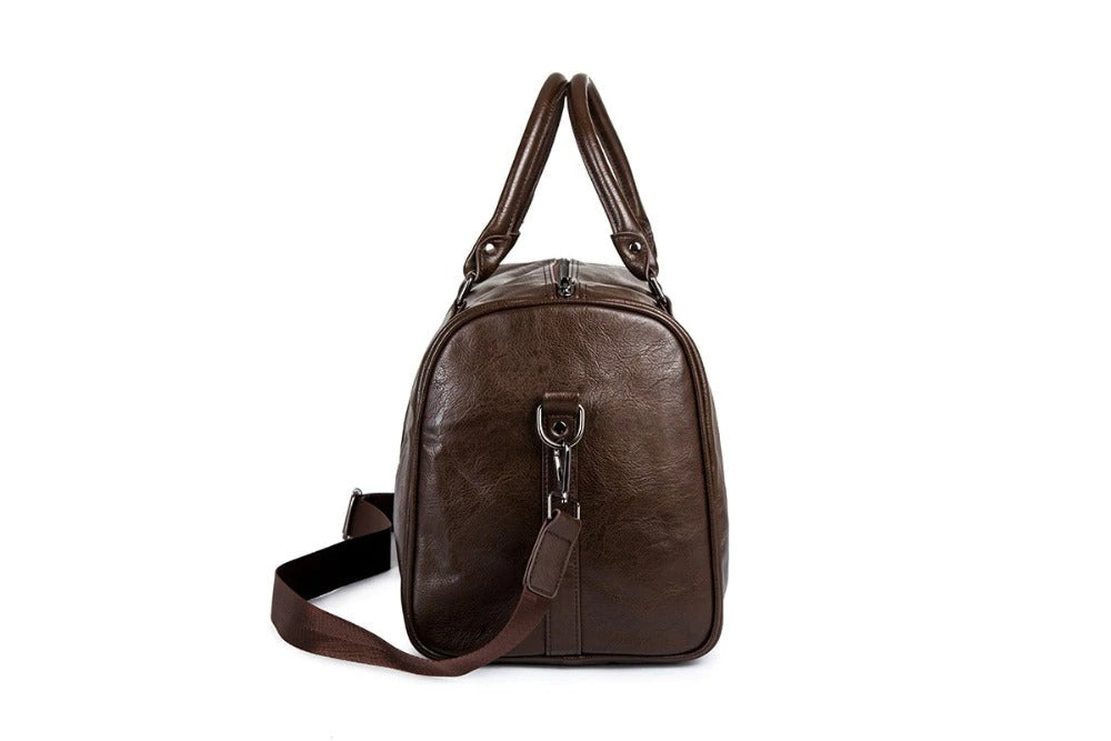 Black faux leather duffel, large & lightweight, ideal unisex gym or short travel luggage solution.