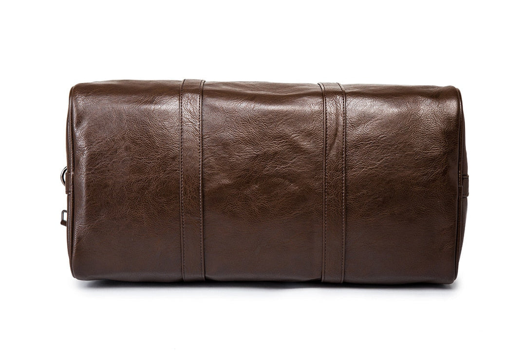 Faux leather travel duffel, lightweight & large brown bag, excellent unisex luggage for any trip.