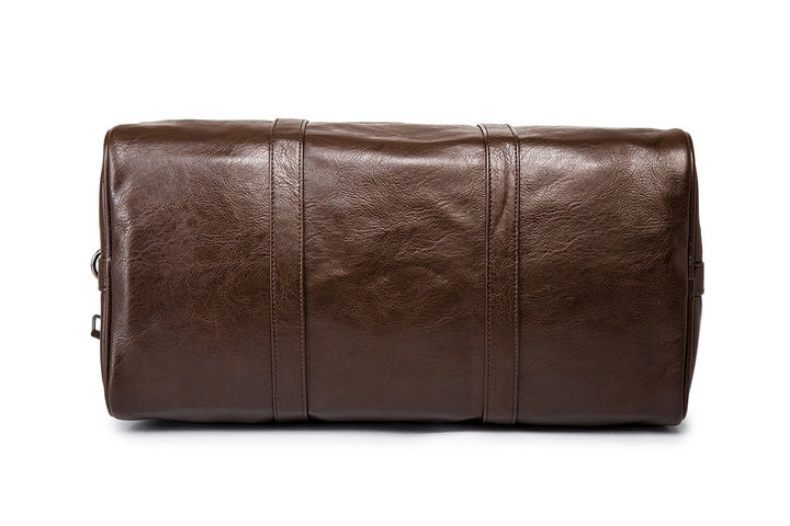 Faux leather travel duffel, lightweight & large brown bag, excellent unisex luggage for any trip.