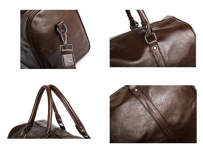 Lightweight faux leather duffel bag, spacious black, a durable unisex carry-on for travel & gym.