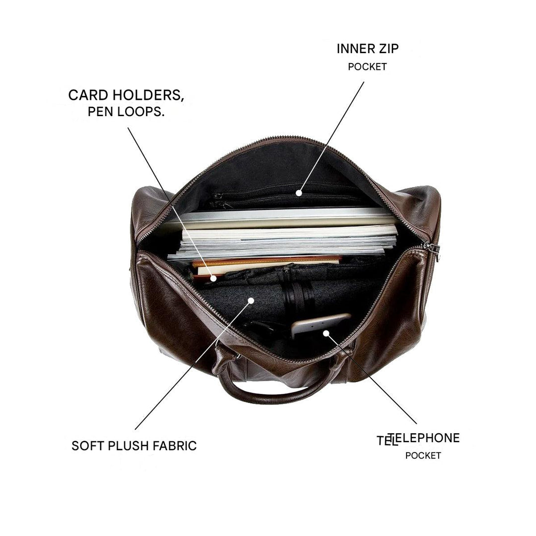 Spacious black faux leather travel duffel, lightweight and durable for men's & women's luggage.