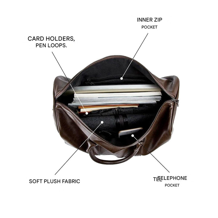 Spacious black faux leather travel duffel, lightweight and durable for men's & women's luggage.