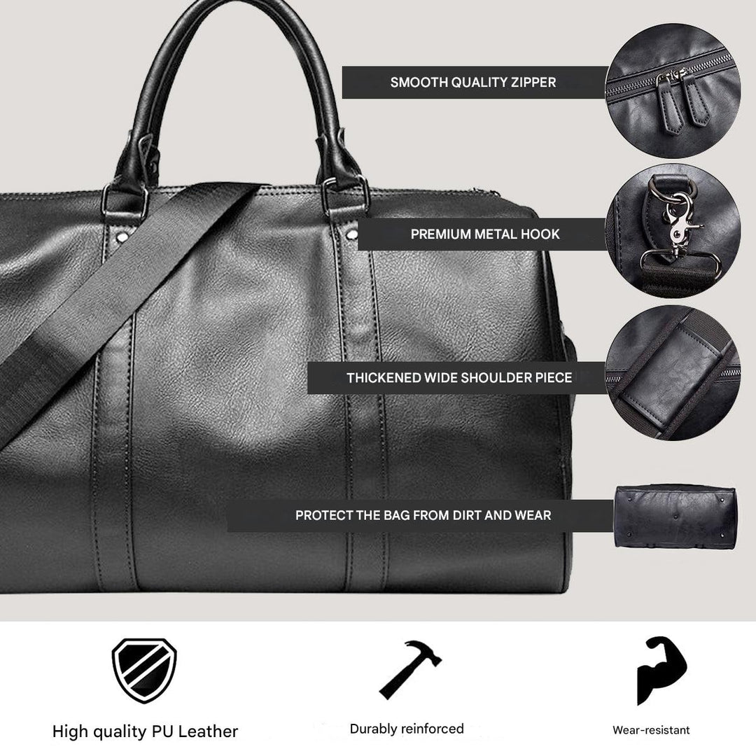 Stylish brown faux leather weekend bag, large capacity and lightweight for unisex travel.