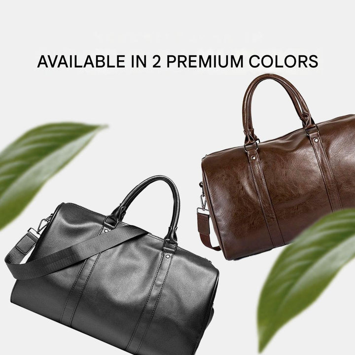 Unisex large black duffel bag, faux leather finish, perfect lightweight luggage for travel.