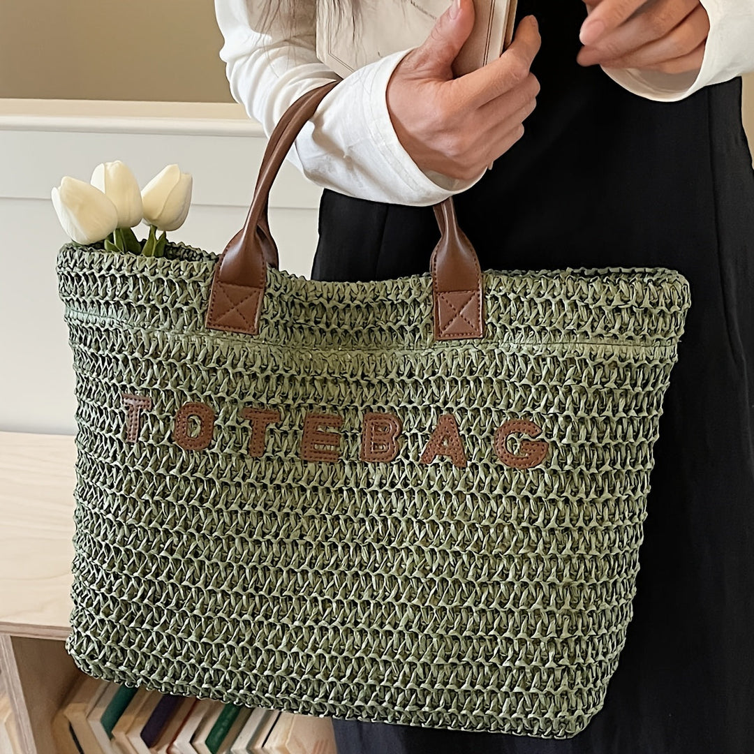 Durable women's large capacity woven bag, designed with comfortable leather shoulder straps.
