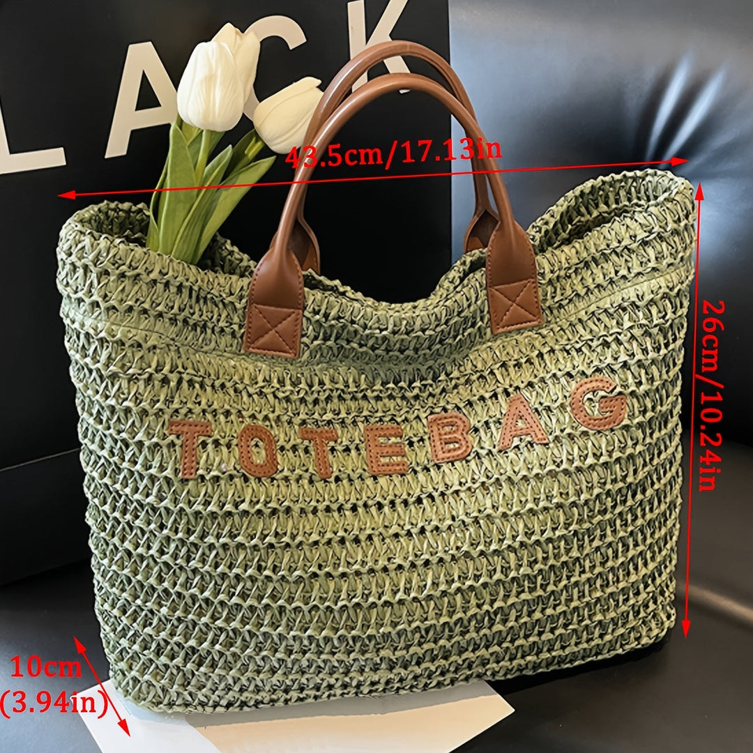 Elegant women's woven tote bag with genuine leather handles, perfect for a stylish look.