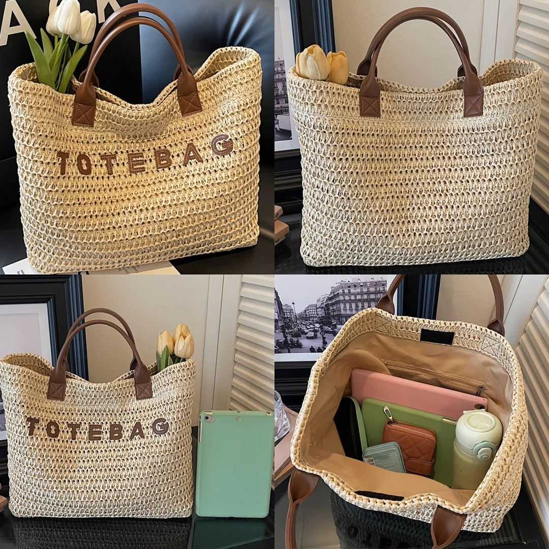 Women's spacious woven travel tote, featuring robust leather handles for easy carrying.