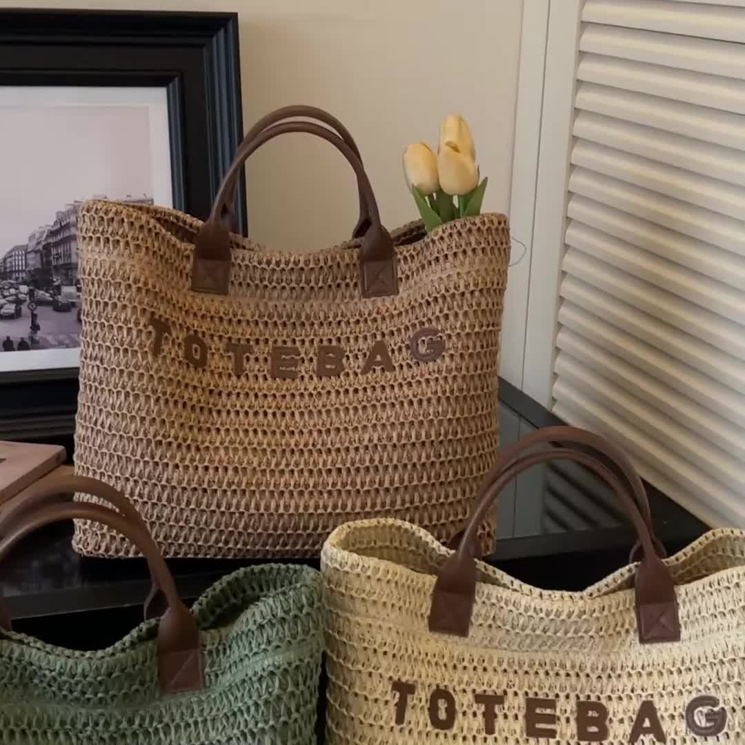 Everyday women's large woven handbag with contrasting leather handles, a practical choice.