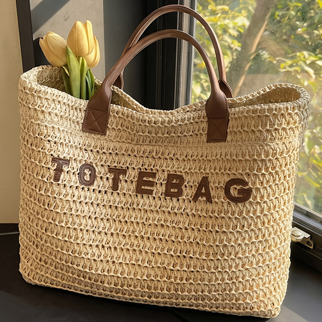 Textured woven tote bag for women, featuring sturdy leather handles for daily errands.