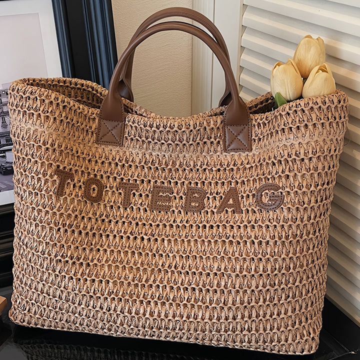 Everyday women's woven bag, a large capacity tote with elegant leather top handles.