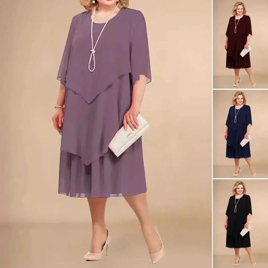 Chic red A-Line midi dress for women, an elegant party dress. Its versatile design includes a round neck & 3/4 sleeves.