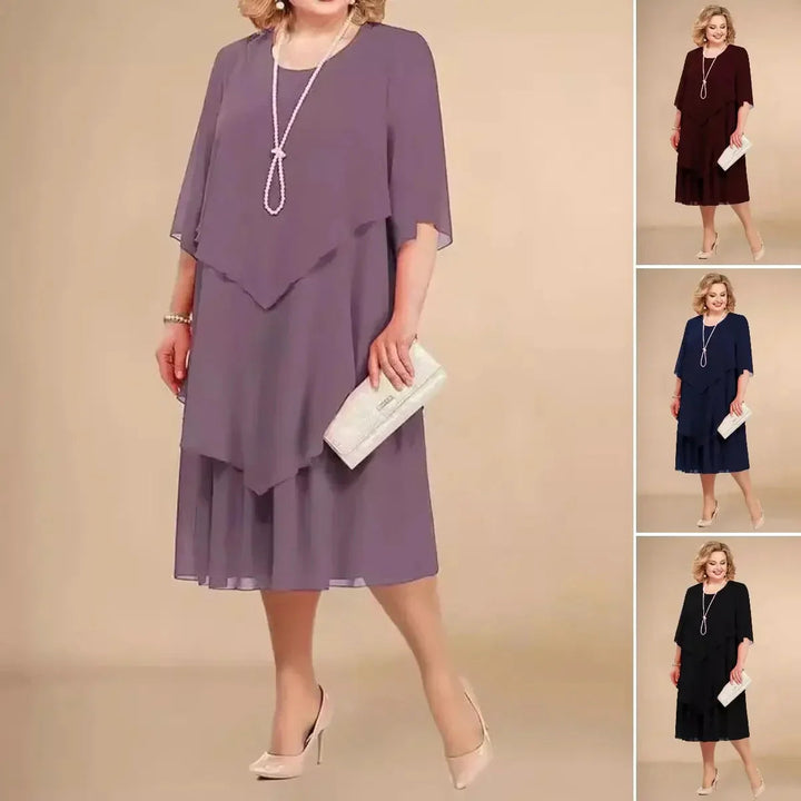 Chic red A-Line midi dress for women, an elegant party dress. Its versatile design includes a round neck & 3/4 sleeves.