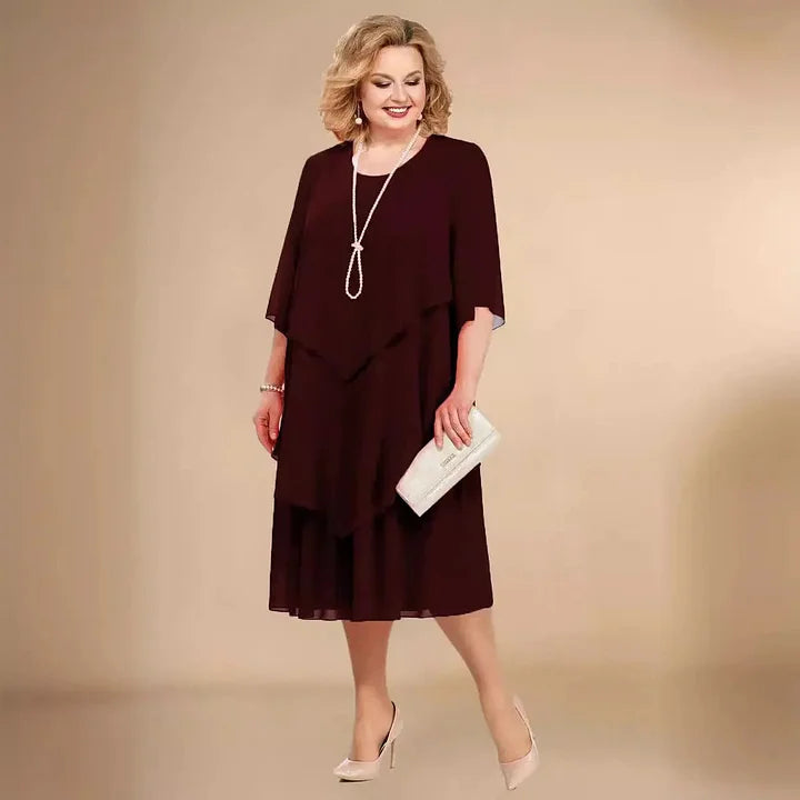 Women's A-Line Midi Dress in red, perfect for parties. Features elegant 3/4 sleeves & a round neck for versatile fashion.