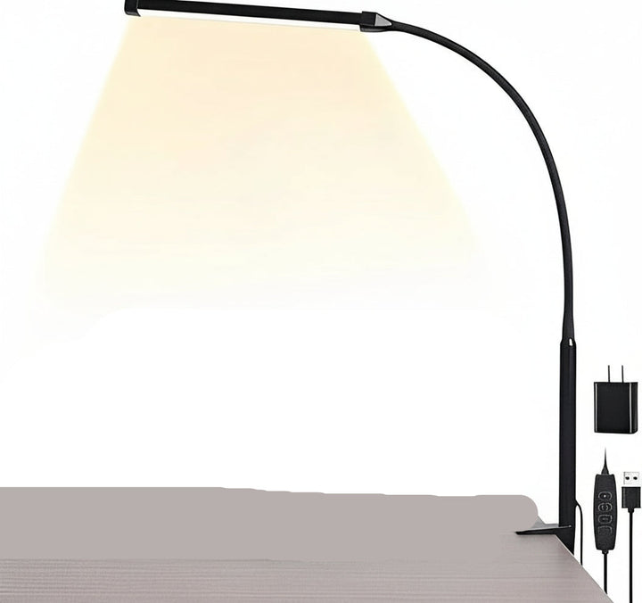 White LED task light with sturdy clamp and flexible gooseneck, ideal for desks, tables, or shelves.