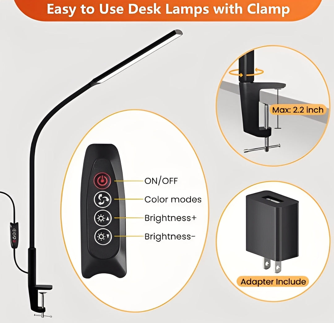 Dimmable LED desk lamp offering 3 light modes (warm, natural, cool) for reading, study, or work.