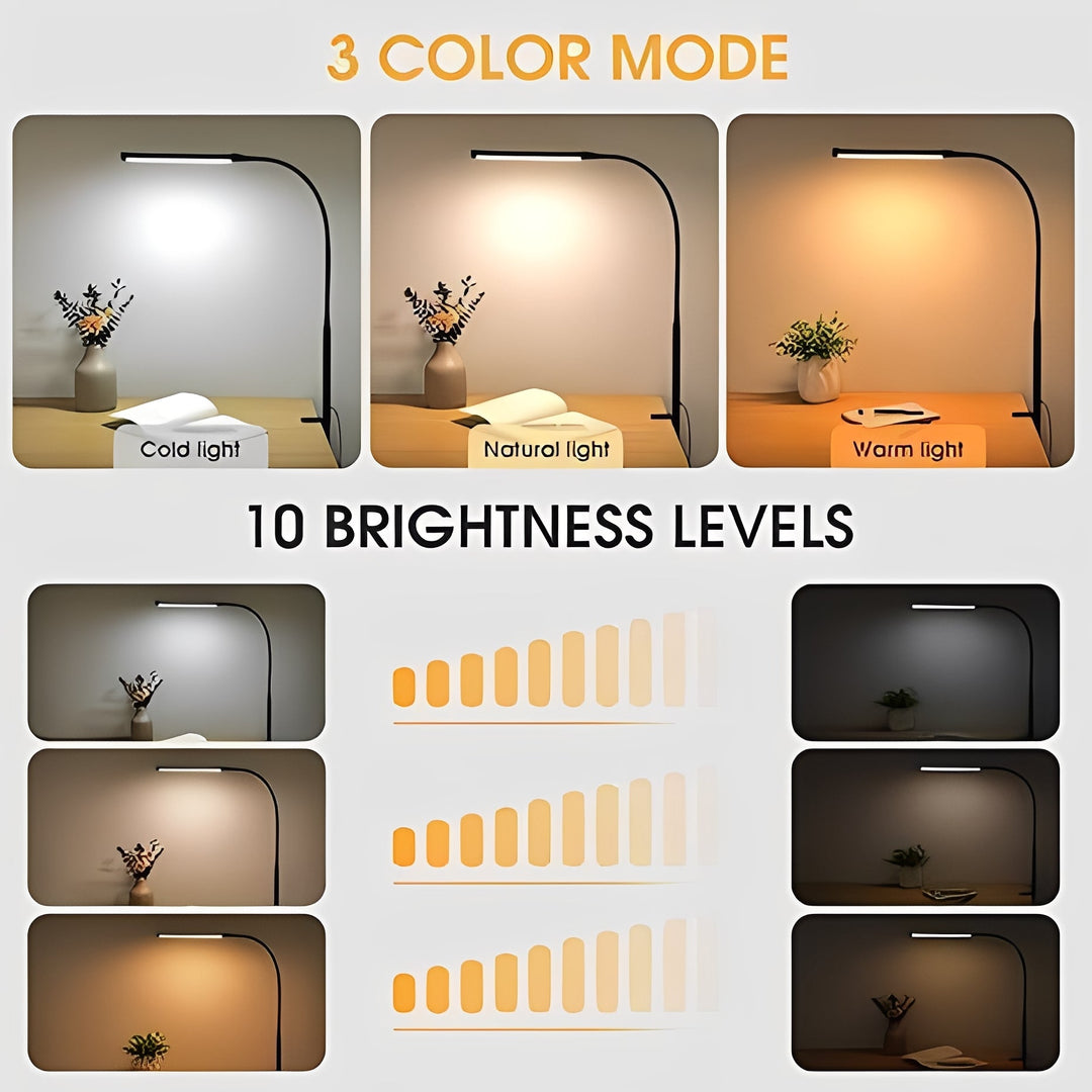 Modern black LED desk lamp with flexible gooseneck and clamp base for space-saving, efficient task lighting.