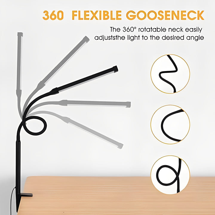 USB-powered LED gooseneck desk lamp with clamp, 3 color modes. Portable and versatile for home, office, or dorm.