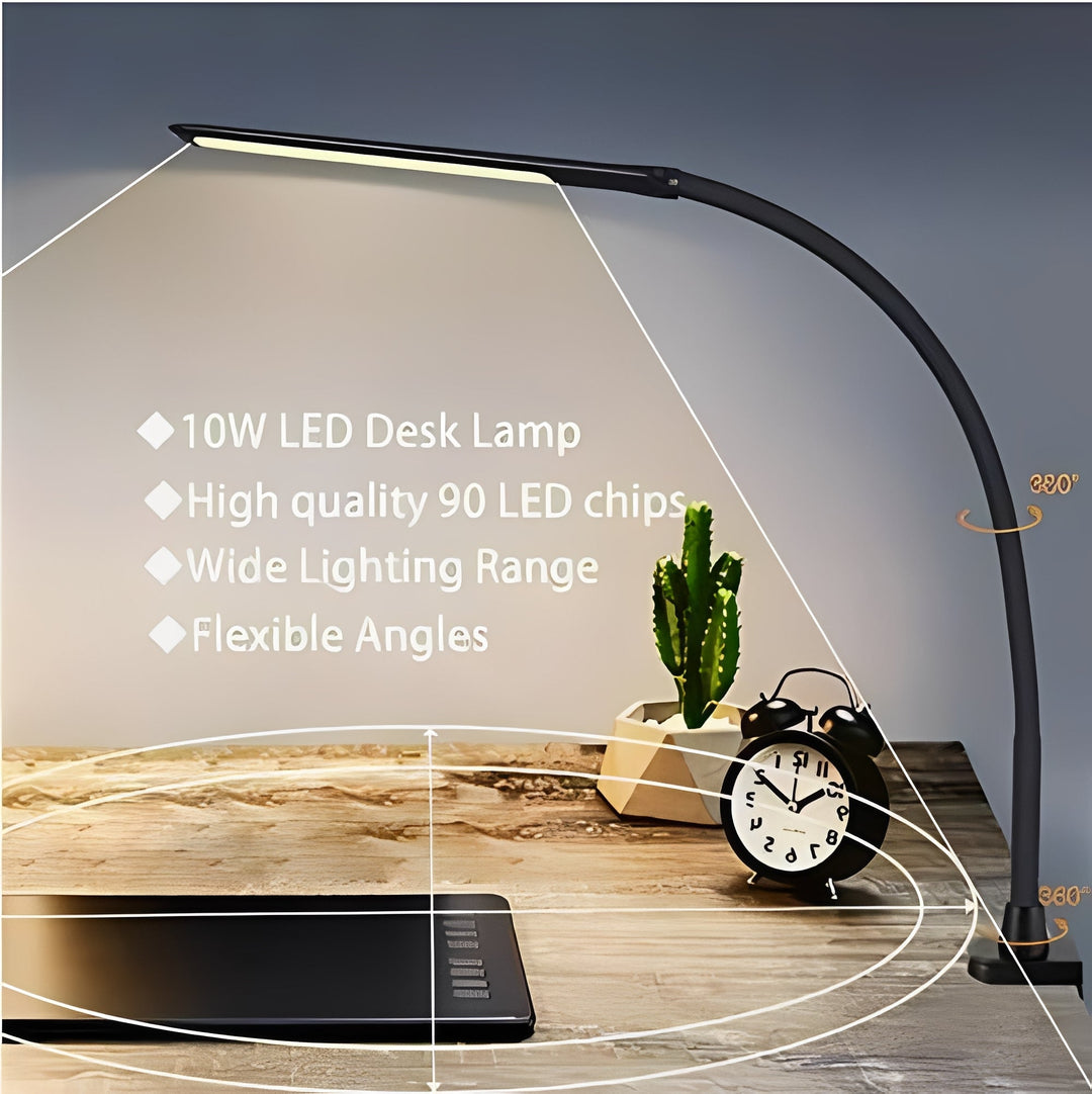 Adjustable LED desk lamp clamped to a home office desk, providing bright, customizable light for work or study.