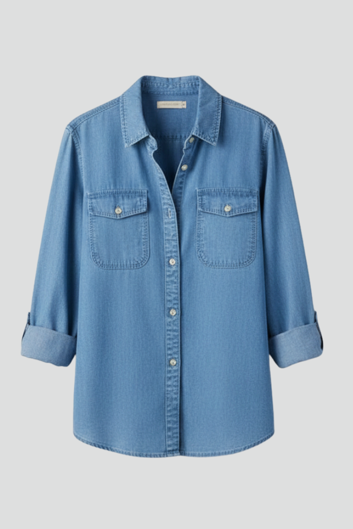 Light blue women's classic long sleeve button-up shirt, perfect for casual or everyday versatile fashion.