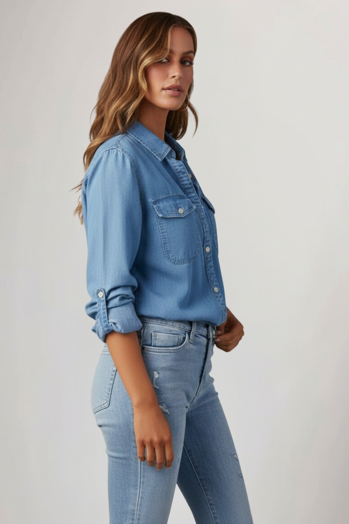 Everyday women's light blue long sleeve top with classic collar. A versatile button-up shirt for casual wear.