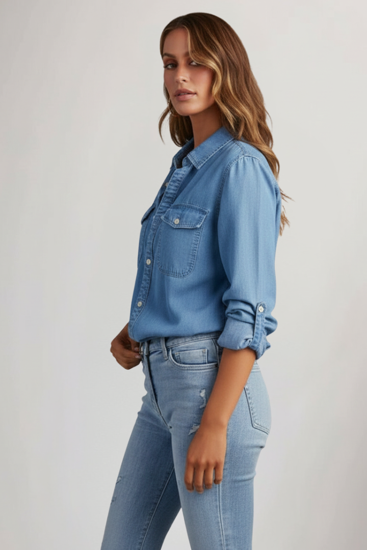 Light blue long sleeve women's shirt, classic collar button-up blouse. Ideal versatile top for layering & casual fashion.